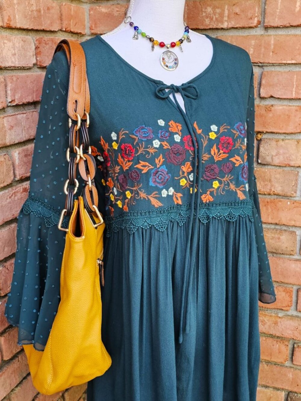 Altar'd State Brand Dress. Teal Green Floral Embroidered Swiss Dot. Size Small - Picture 4 of 13